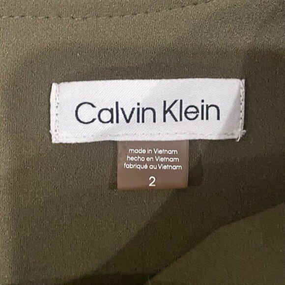 CALVIN KLEIN Bow-Shoulder Tie Sleeveless Olive Green Slit Stretch Dress sz 2 - Picture 5 of 9